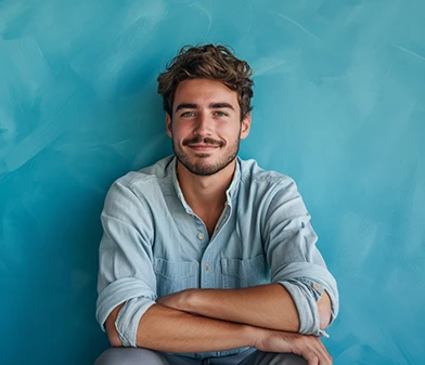 Smiling young man with curly hair and a beard sitting with arms crossed against a blue textured wall.