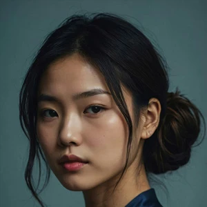 Portrait of a young woman with dark hair styled in a low bun against a muted blue-gray background.